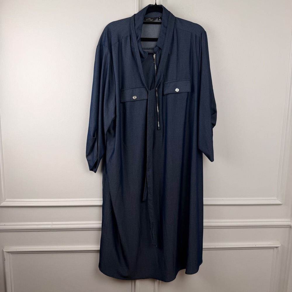 Mlle Gabrielle Womens 2X Blue Chambray Quarter Zip Tie Neck Shirt Dress
